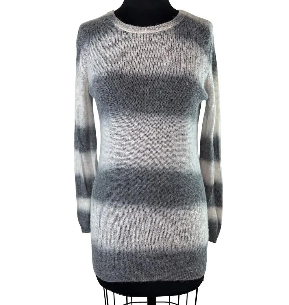 Pure DKNY Alpaca Wool Blend Gray Striped Loose Knit Lightweight Sweater S Small